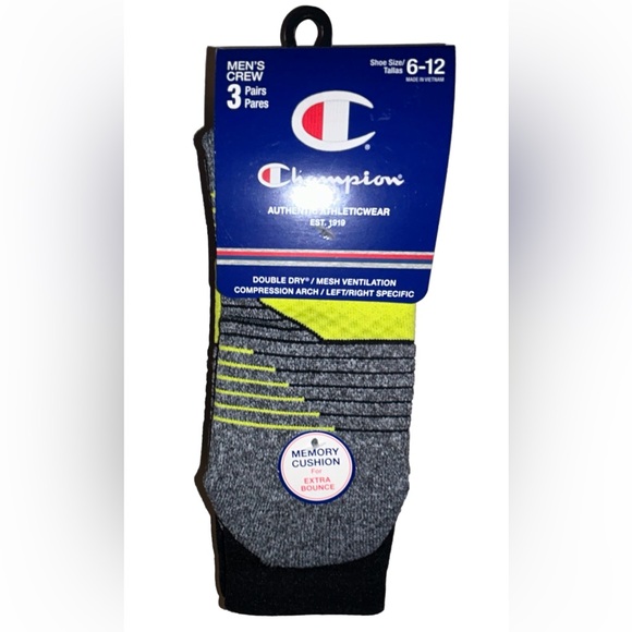 Champion Crew Sock 3 Pair Men’s 6-12 Black Gray Blue w Logo Cushioned NEW $18 - Picture 1 of 11